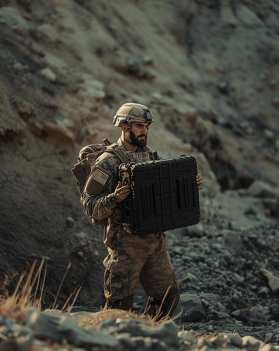 Military man with laptop wide flipped