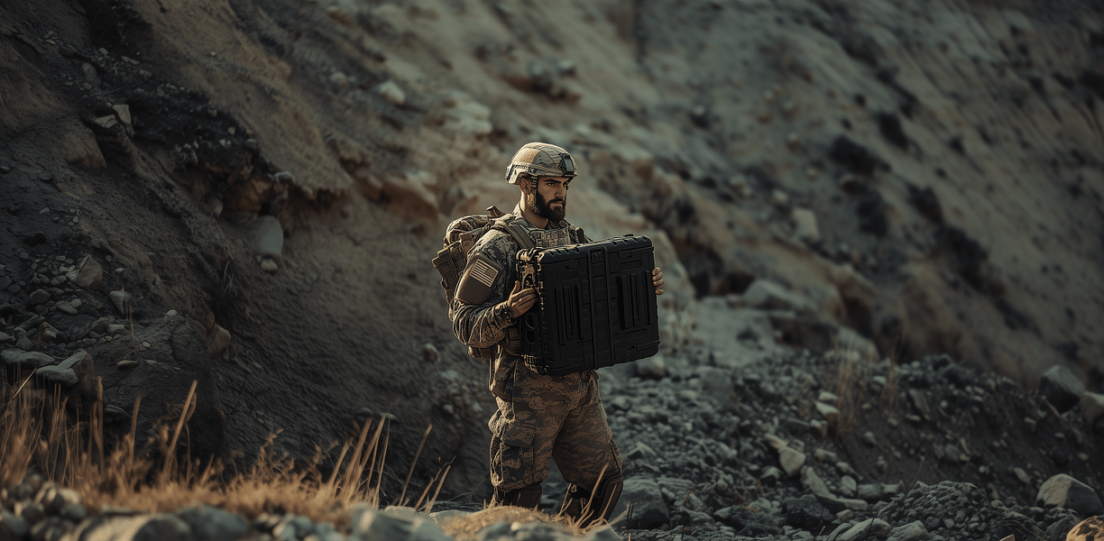 Military man with laptop wide flipped